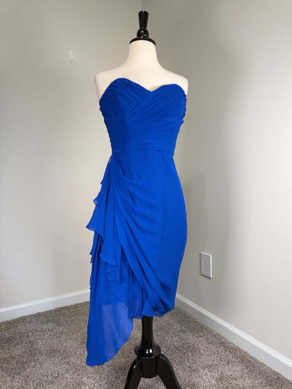Badgley Mischka Cobalt Blue Silk Strapless Ruffle Dress 6 Wedding Guest Cocktail
